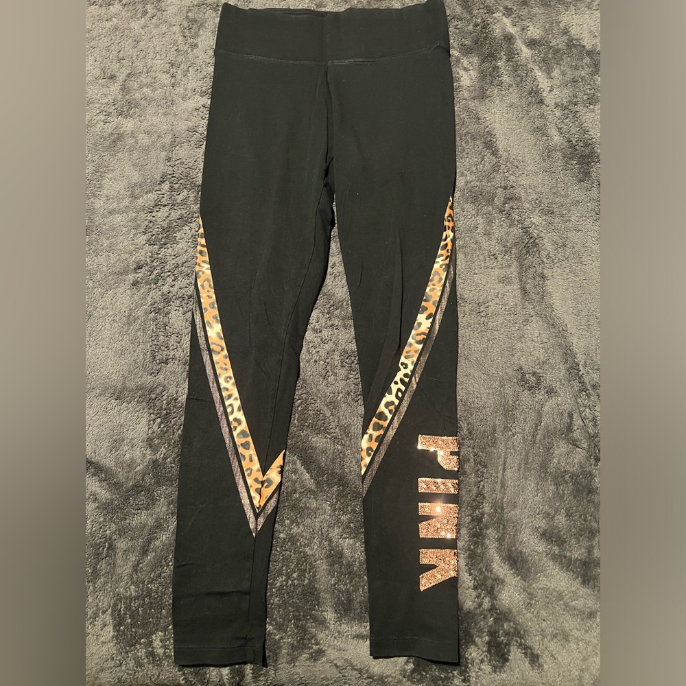 PINK By Victoria Secret S black leggings with leopard print & rose gold sequins